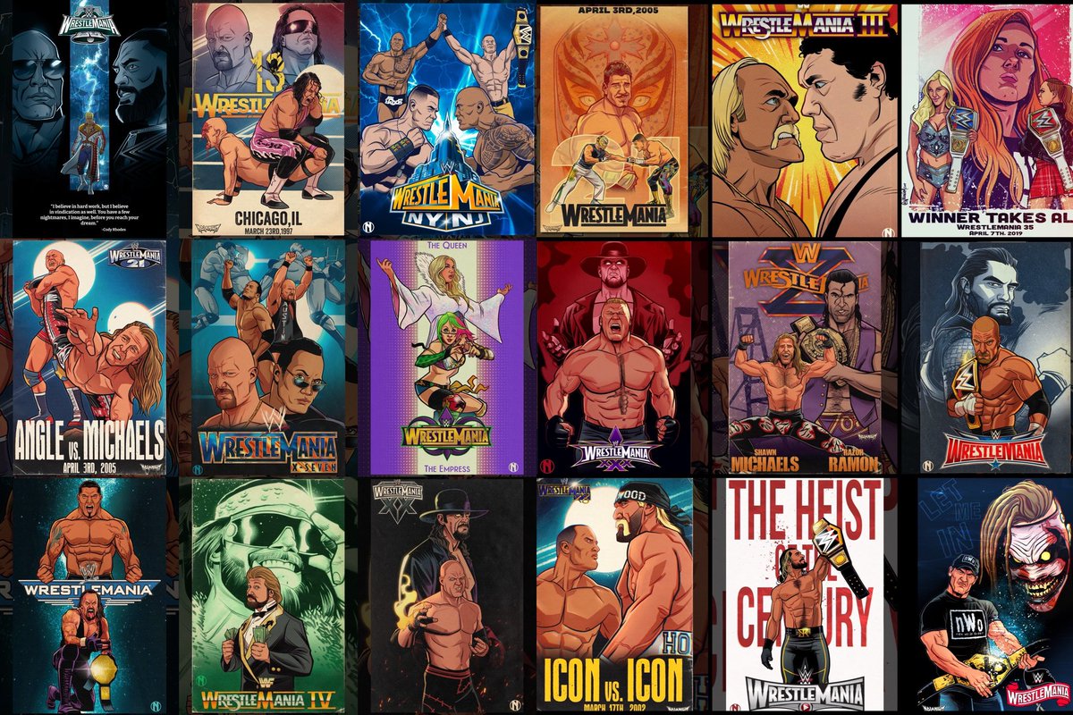 All of the #WrestleMania posters that I’ve shared so far over the last 2 weeks. Check out these and more on my IG: instagram.com/nolanium #WWE