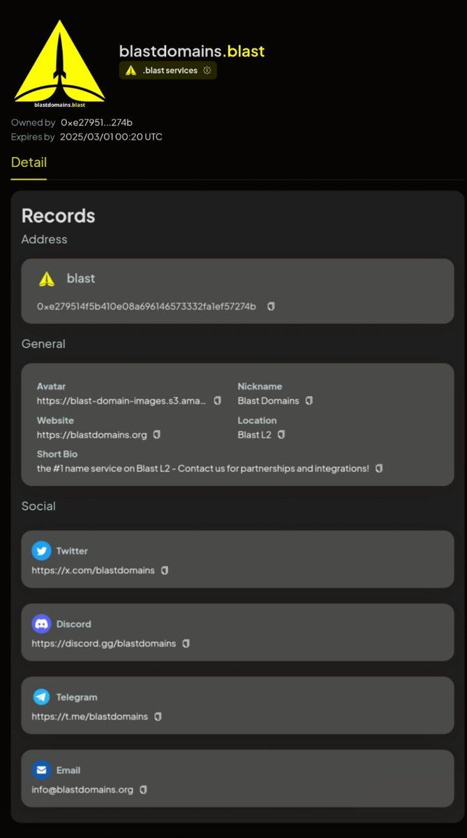 BlastDomains's tweet photo. It's time to set up your digital identity!

Head over to "my domains" page, press the edit button, and fill in your information,
update your logo, social accounts such as email, website, Twitter, etc.

By completing these tasks, you'll be one step closer to unlocking your digital identity on @Blast_L2

https://t.co/Yf1pRByKa5