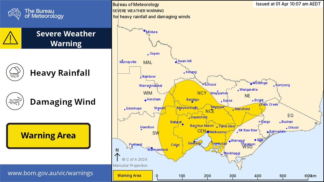 BOM_Vic's tweet photo. Warnings are current for #Melbourne &amp; Victoria with rain &amp; storms developing from the west. Some moderate to heavy falls are likely. Please take care on the roads; conditions may be hazardous following a lengthy dry spell #melbweather #melbourneweather https://t.co/PihSPvZM25 https://t.co/hR28PkfKbf