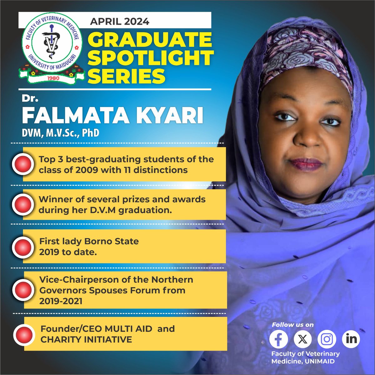 fvmunimaid's tweet photo. The Faculty of Veterinary Medicine, University of Maiduguri presents to YOU our Graduate Spotlight Series for April 2024. https://t.co/7zr7key186