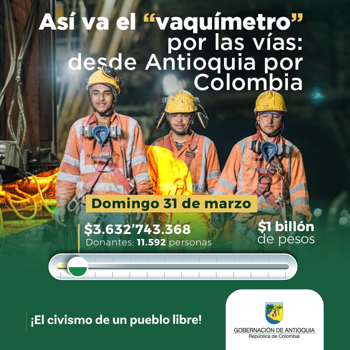 AndresJRendonC's tweet photo. Mantengamos la alegría y esperanza: 11.592 paisanos han aportado a la "Vaca" por las vías de  Antioquia y Colombia.
🐮💚🇨🇴
#MetoPaLaVaca https://t.co/n5PcWQ7R2W