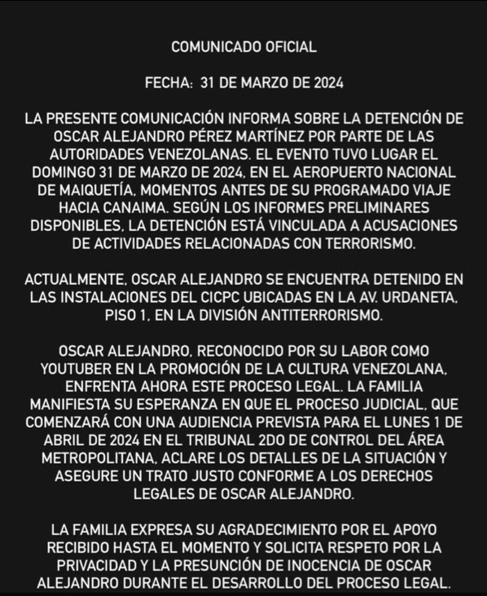 maibortpetit's tweet photo. Comunicado de la familia del Youtuber, Óscar Alejandro detenido en el aeropuerto de Maiquetía, Caracas, este domingo por las fuerzas del régimen chavista https://t.co/2piZKZvkgQ