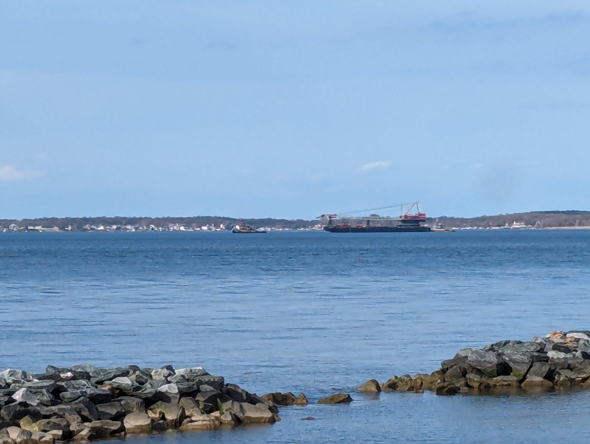 View of the Key Bridge from Ft. Smallwood Park (Anne Arundel County, MD) and another crane being brought in. Simply devastating. Having seen it in person I can still barely believe it. #MarylandToughBaltimoreStrong