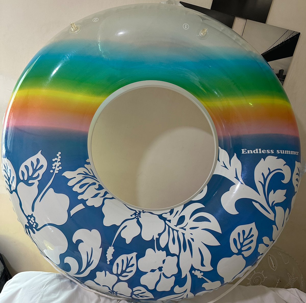 danielpark8200's tweet photo. ドウシシャのエンドレスサマー浮き輪120cm。
グラビアなどで見たような定番の感じ。鮮やかな花柄と虹のグラデーションがまたきれいですね。 https://t.co/DBfe5kDpUk