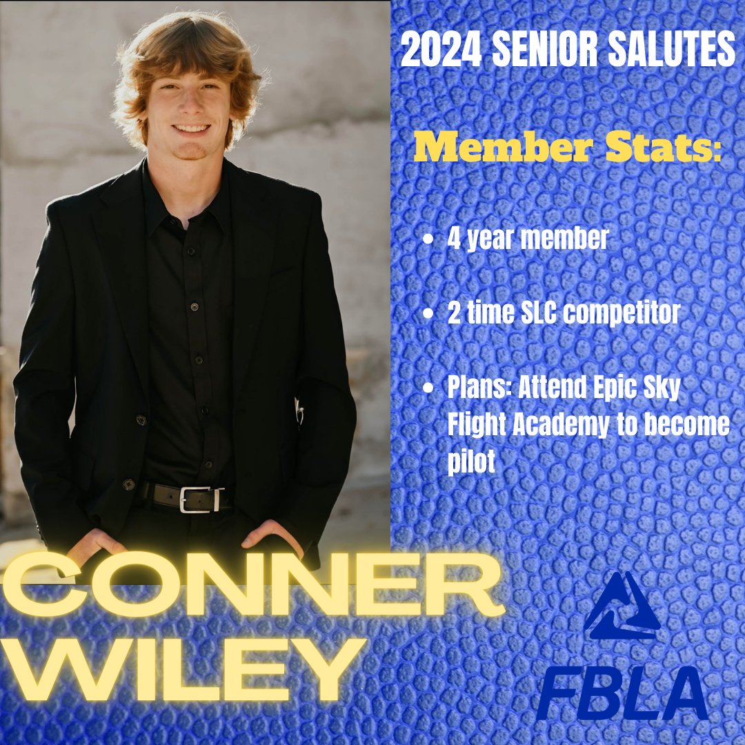 Our second #seniorsalute goes out to 4 year member Conner Wiley. His favorite FBLA memory is winning DVP at SLC 2023. He thinks people should join because it is super fun to compete with people from all around Iowa. Best Wishes, Conner 🎓