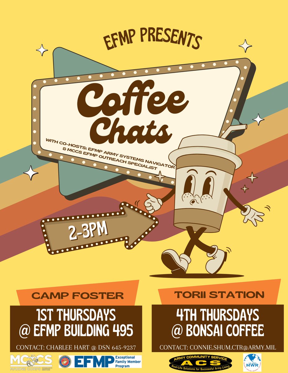 Join us tomorrow for #CoffeeChats with @mccsoki, lead by MCCS Exceptional Family Member Program (EMFP) Specialists. These monthly chats are your chance to sip, share, and support. See you at Building 495, Camp Foster, from 1400-1500. ☕️ #CommunityConnection #MCCSOkinawa #EMFP