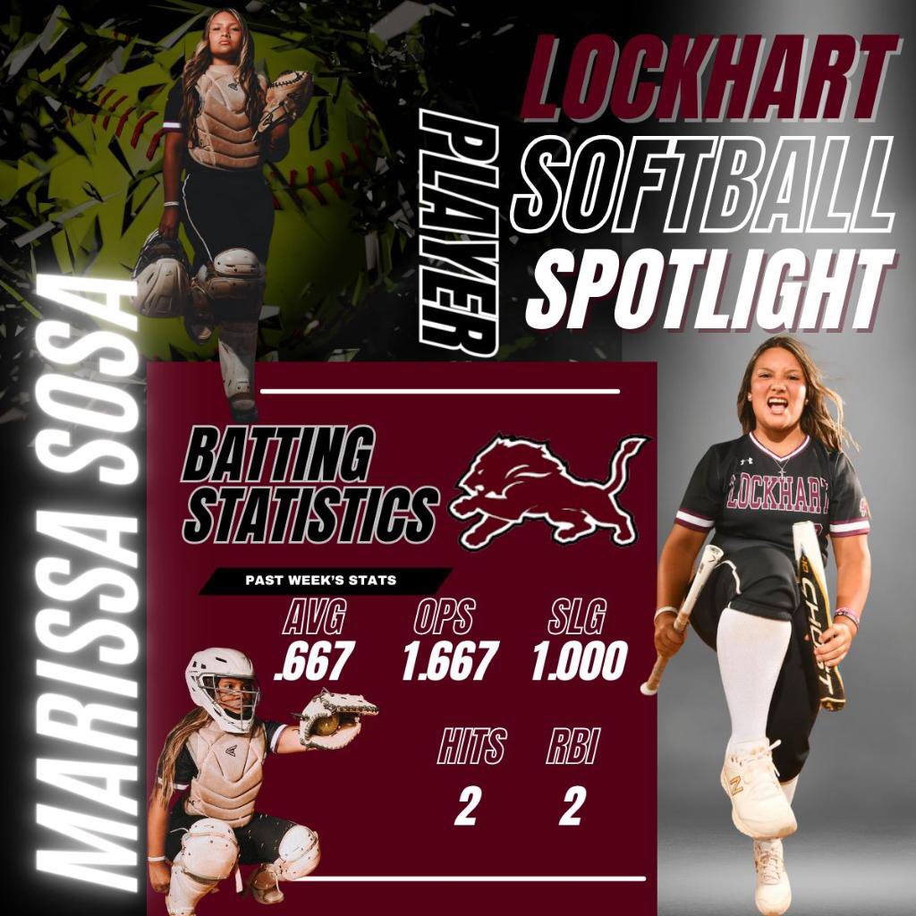 Congratulations to @MarissaSosa2026 for being this week's Lady Lion Player Spotlight. She led the team in batting average, hits, RBIs, and more. Keep up the momentum, Sosa!