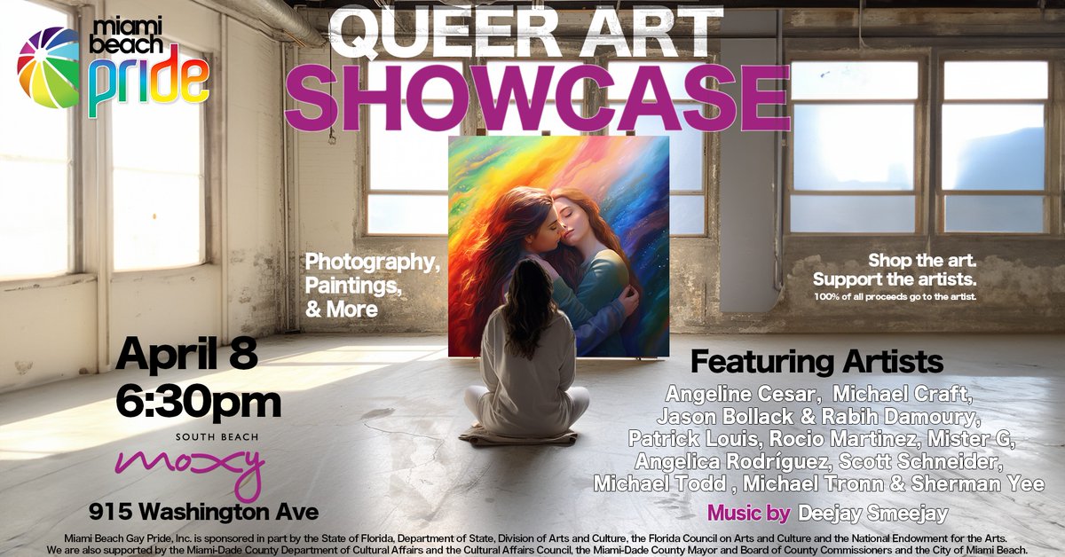 Wire Magazine (@wiremagazine) on Twitter photo QUEER ART SHOWCASE - <a href="/MiamiBeachPride/">MiamiBeachPride</a>: April 8, 2024, 6:30pm at Moxy Hotel: Calling all art lovers! Support the work of queer artists and their fabulous work. All proceeds from art sales during the show go directly to the artist. RSVP at miamibeachpride.com QUEER ART SHOWCASE - <a href="/MiamiBeachPride/">MiamiBeachPride</a>: April 8, 2024, 6:30pm at Moxy Hotel: Calling all art lovers! Support the work of queer artists and their fabulous work. All proceeds from art sales during the show go directly to the artist. RSVP at miamibeachpride.com