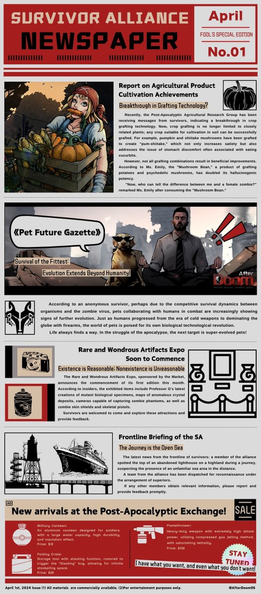 AfterDoomOS's tweet photo. The Survivor Alliance Newspaper April 1st Fool's Day Special Edition Now Available！🥳
#AfterDoom #FoolsDay #zombiegame https://t.co/ZEfCTUC9ac