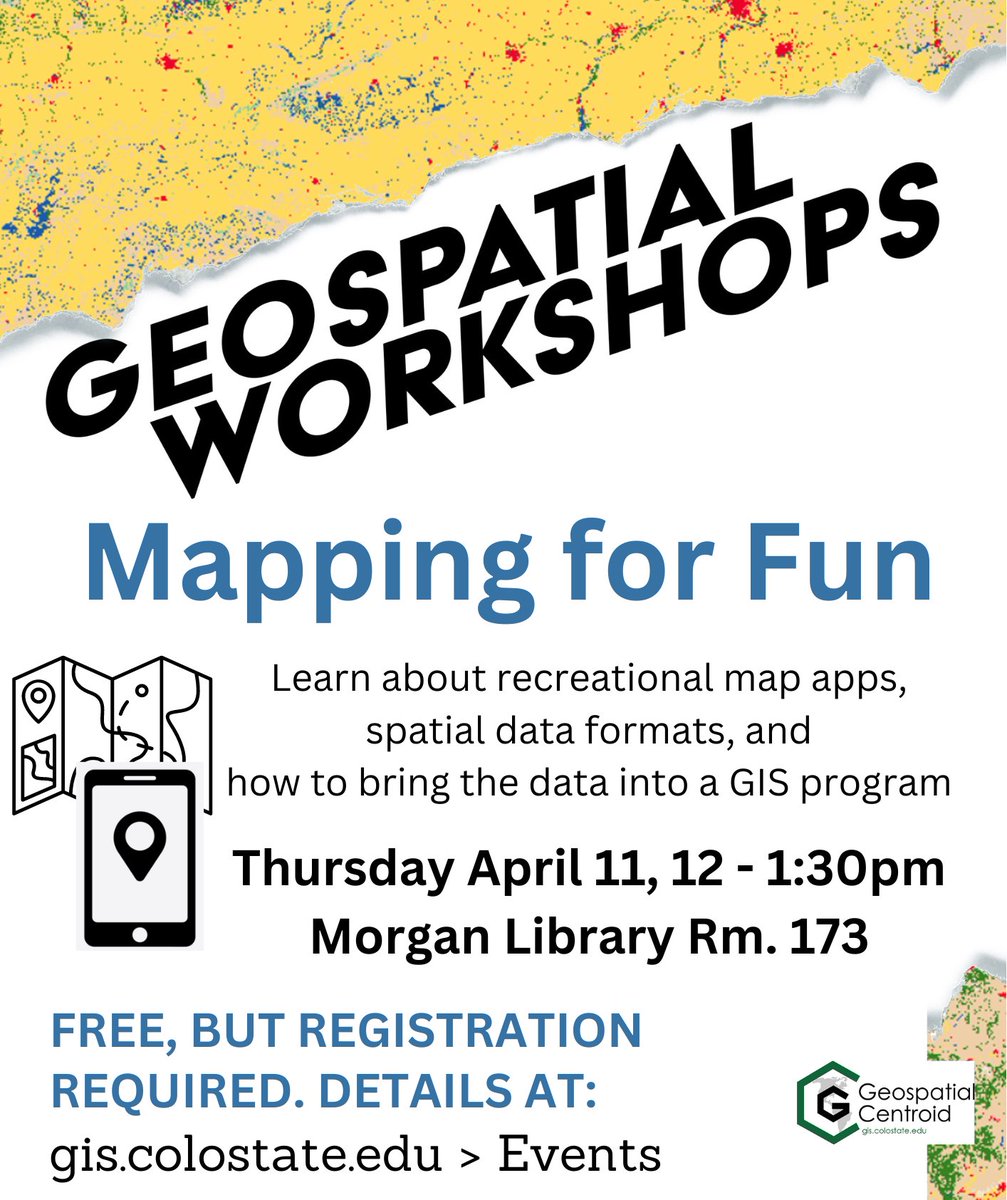 Geospatial Centroid (@centroid_csu) on Twitter photo Our next workshop: Mapping for Fun!
This free, *in-person*, 90-min workshop will teach you about mapping apps, the data behind them, and how to integrate into GIS programs.
Thurs April 11, 12-1:30pm
<a href="/CSUMorganLib/">Colorado State University Libraries</a> Rm. 173
Taught by <a href="/hethbill/">Elizabeth Tulanowski</a>
Details:
colostate.libcal.com/event/12058363 Our next workshop: Mapping for Fun!
This free, *in-person*, 90-min workshop will teach you about mapping apps, the data behind them, and how to integrate into GIS programs.
Thurs April 11, 12-1:30pm
<a href="/CSUMorganLib/">Colorado State University Libraries</a> Rm. 173
Taught by <a href="/hethbill/">Elizabeth Tulanowski</a>
Details:
colostate.libcal.com/event/12058363