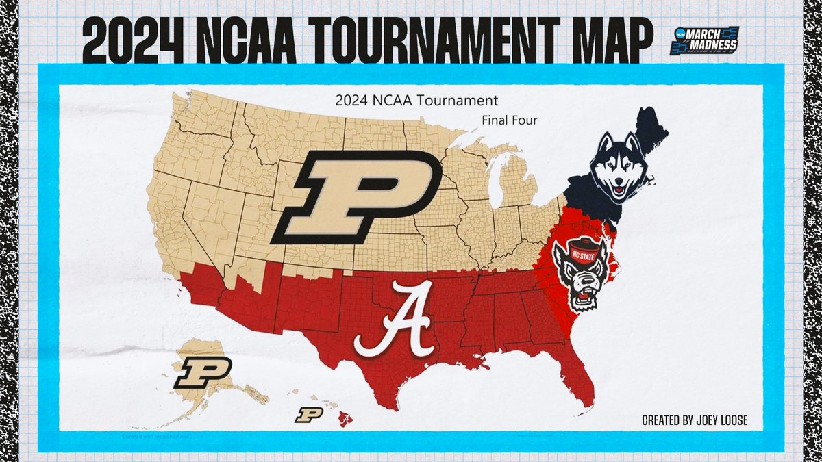 MarchMadnessMBB's tweet photo. #MarchMadness Map 🗺️  

Each county is assigned to the closest team in the bracket!  

(via @jloose128,@redditCBB) https://t.co/SLE1GL0T2L