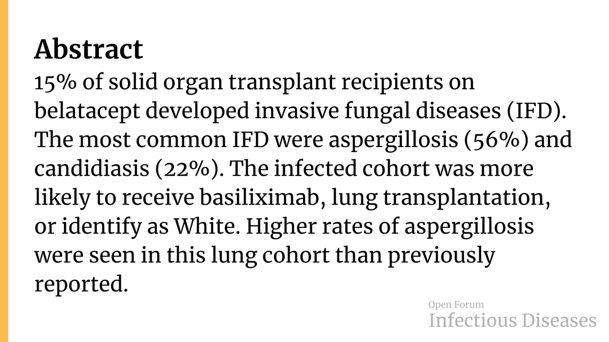 An Unexpectedly High Incidence of Invasive Fungal Diseases in Solid Organ Transplant Recipients on Belatacept for Organ Rejection Prophylaxis: A Single Center Retrospective Cohort Study

✅ Just Accepted
🔓 Open Access
🔗 bit.ly/3IKX06C
