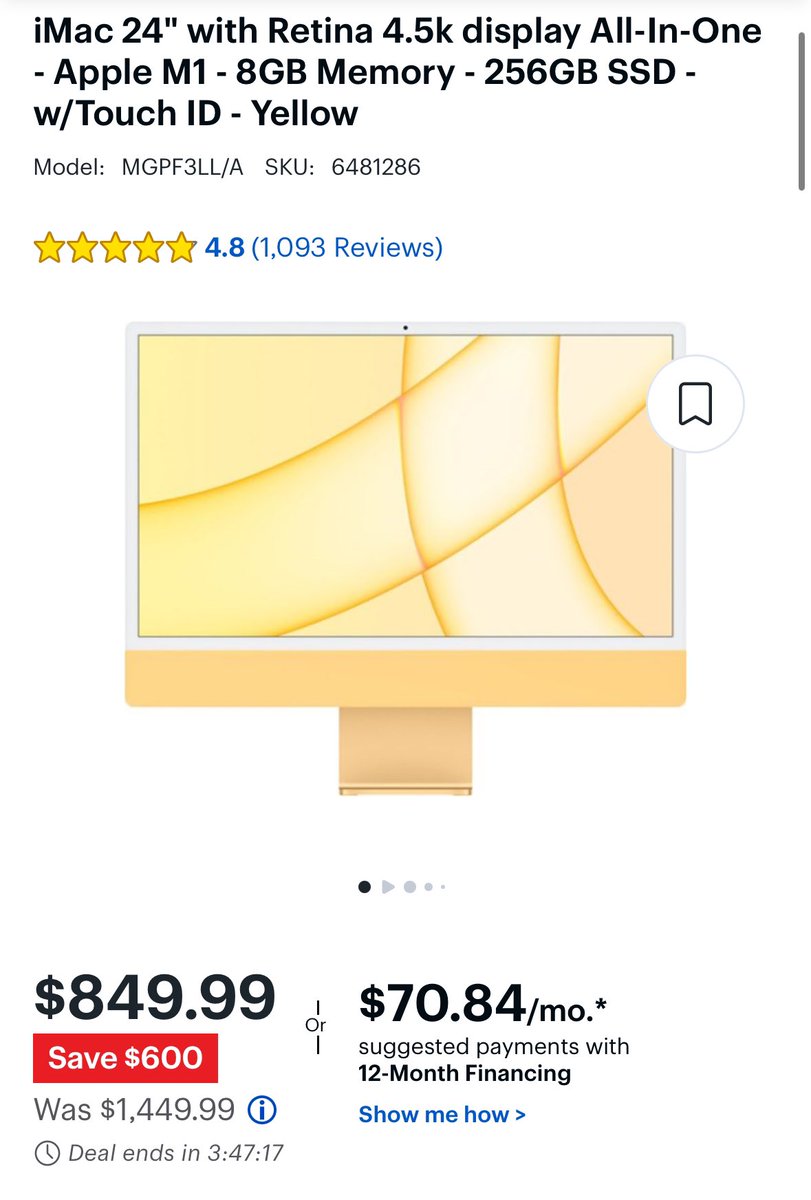 The M1 iMac is down to $800 ($850 for the config you actually want) on Best Buy right now. bestbuy.com/site/imac-24-w… Not an affiliate link just a legitimately great deal, I’ve been enjoying the yellow iMac life lol