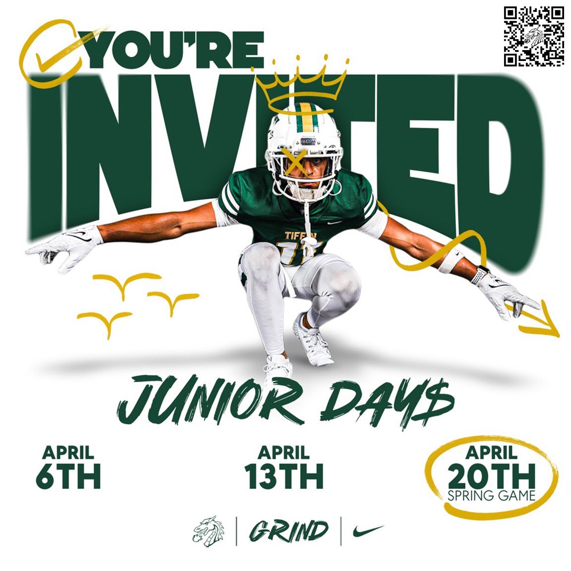 Our first Junior Day is this Saturday! Sign up for one of the dates using the QR code. We look forward to seeing 25’s on campus the next 3 Saturdays! #GRIND 🟢🟡🐲