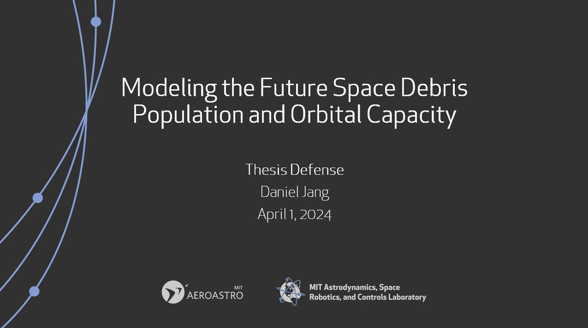 It's a big day at ARCLab: *Two* PhD candidates are defending their theses!

At 10 am: "Measuring Compliance to the <a href="/ITU/">Int’l Telecommunication Union</a>’s Geosynchronous Orbital Assignments," by <a href="/ThomasGzRoberts/">Thomas González Roberts</a>

At 3 pm: "Modeling the Future Space Debris Population and Orbital Capacity," by <a href="/DanielJang15/">Daniel Jang</a>

🛰️🎉