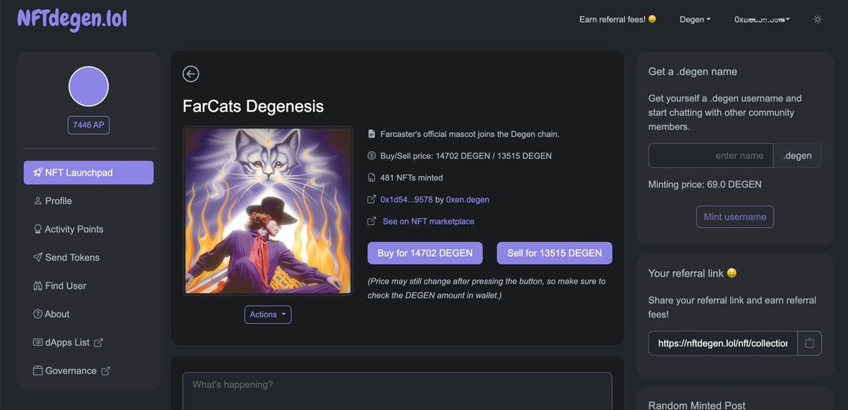Base的协议负责人Jesse买了并发推奶了的farcats degenesis可以关注起来。
购买流程
1️⃣在base链上购买 $Degen
2️⃣用跨链桥 bridge.degen.tips将$Degen代币跨链到三层Degen链上
3️⃣到mint页面nftdegen.lol/nft/collection… 点击购买。

项目还很早期，缺乏更多公开信息，可能风险很大，不是投资建议。