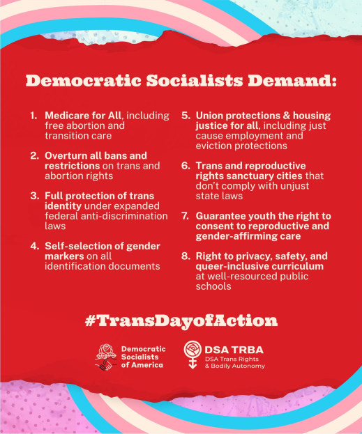 PortlandDSA's tweet photo. Portland DSA is proud to stand in solidarity with trans people on #TransDayOfAction. Everyone deserves equality, healthcare, and bodily autonomy. Now is the time to get involved https://t.co/XDD5iPYV3u https://t.co/2gU1ejUZxE