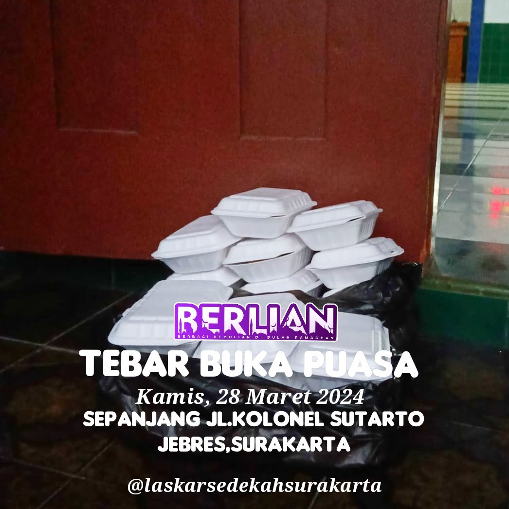 Alhamdulillah, Kamis (28/03) Laskar Sedekah Surakarta telah menyalurkan 70 paket buka puasa (takjil) untuk masyarakat di sepanjang Jalan Kolonel Sutarto Jebres, Surakarta.