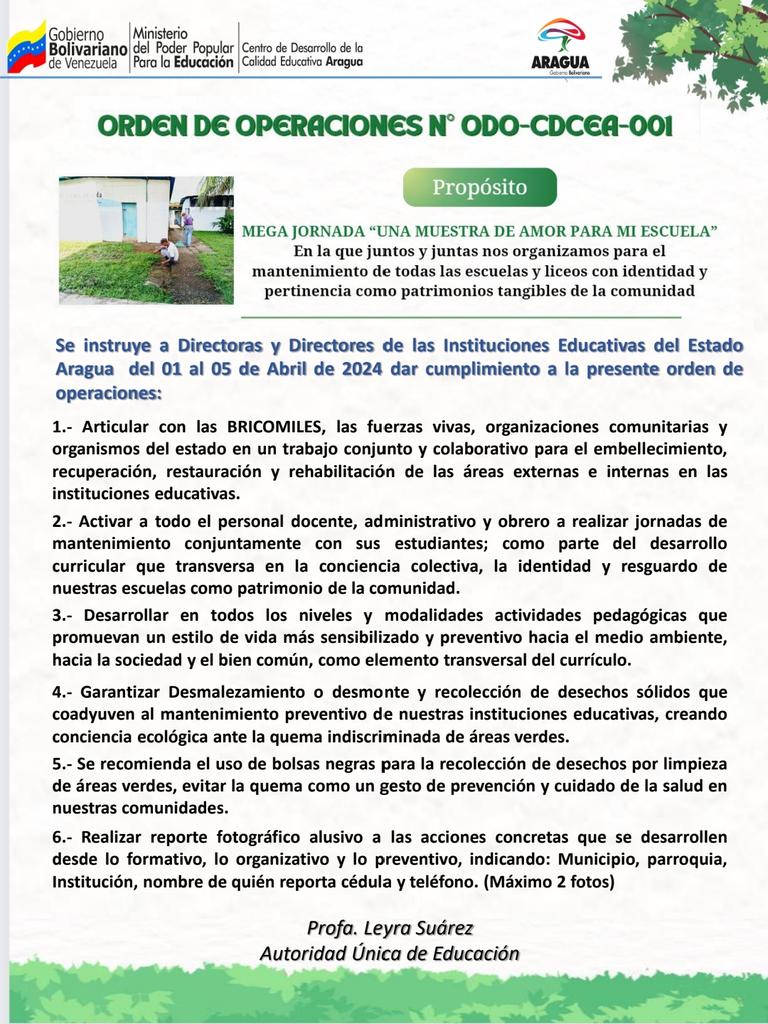 MEGA JORNADA "UNA MUESTRA DE AMOR PARA MI ESCUELA"
En la que juntos/as  nos organizamos para el
mantenimiento de todas las escuelas y liceos del 01 al 05 de Abril. 
#VenezuelaPotenciaDePaz 
<a href="/NicolasMaduro/">Nicolás Maduro</a> 
<a href="/_LaAvanzadora/">Yelitze Santaella</a> 
@MPPEDUCACION 
<a href="/Soykarinacarpio/">Karina Carpio</a> 
<a href="/CDCEAragua/">CDCE ARAGUA</a>