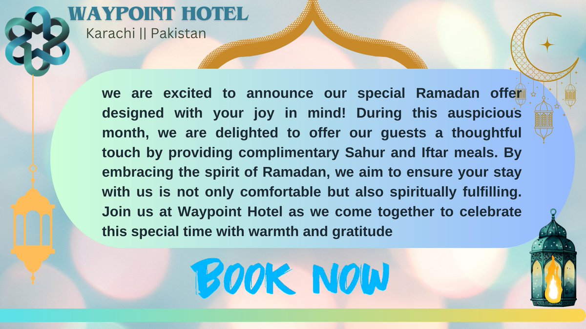 IdeasbyAli's tweet image. Book now and experience the warmth of Waypoint Hotel combined with the spirit of Ramadan, where hospitality meets tradition.
 #ramadan2021 #eidmubarak #Ramadan #LastDay #pakistan #Karachi #Travel #soloTravel #LuxuryTravel #Travelsafety #Hotels #cheaphotel #budgethotel #shortsfeed