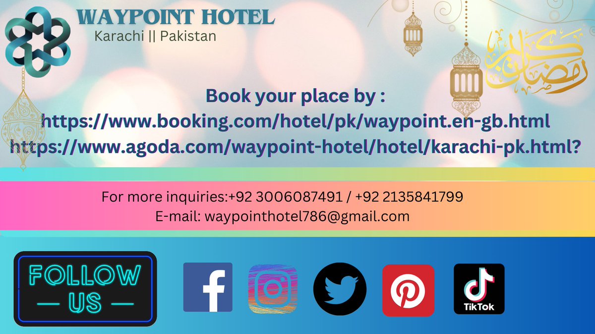 IdeasbyAli's tweet image. Book now and experience the warmth of Waypoint Hotel combined with the spirit of Ramadan, where hospitality meets tradition.
 #ramadan2021 #eidmubarak #Ramadan #LastDay #pakistan #Karachi #Travel #soloTravel #LuxuryTravel #Travelsafety #Hotels #cheaphotel #budgethotel #shortsfeed