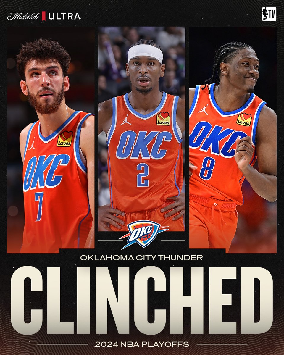NBATV's tweet photo. OFFICIALLY PLAYOFF BOUND 🎟️

The @OKCThunder have clinched a spot in the 2024 NBA Playoffs! https://t.co/onzblhDyHc