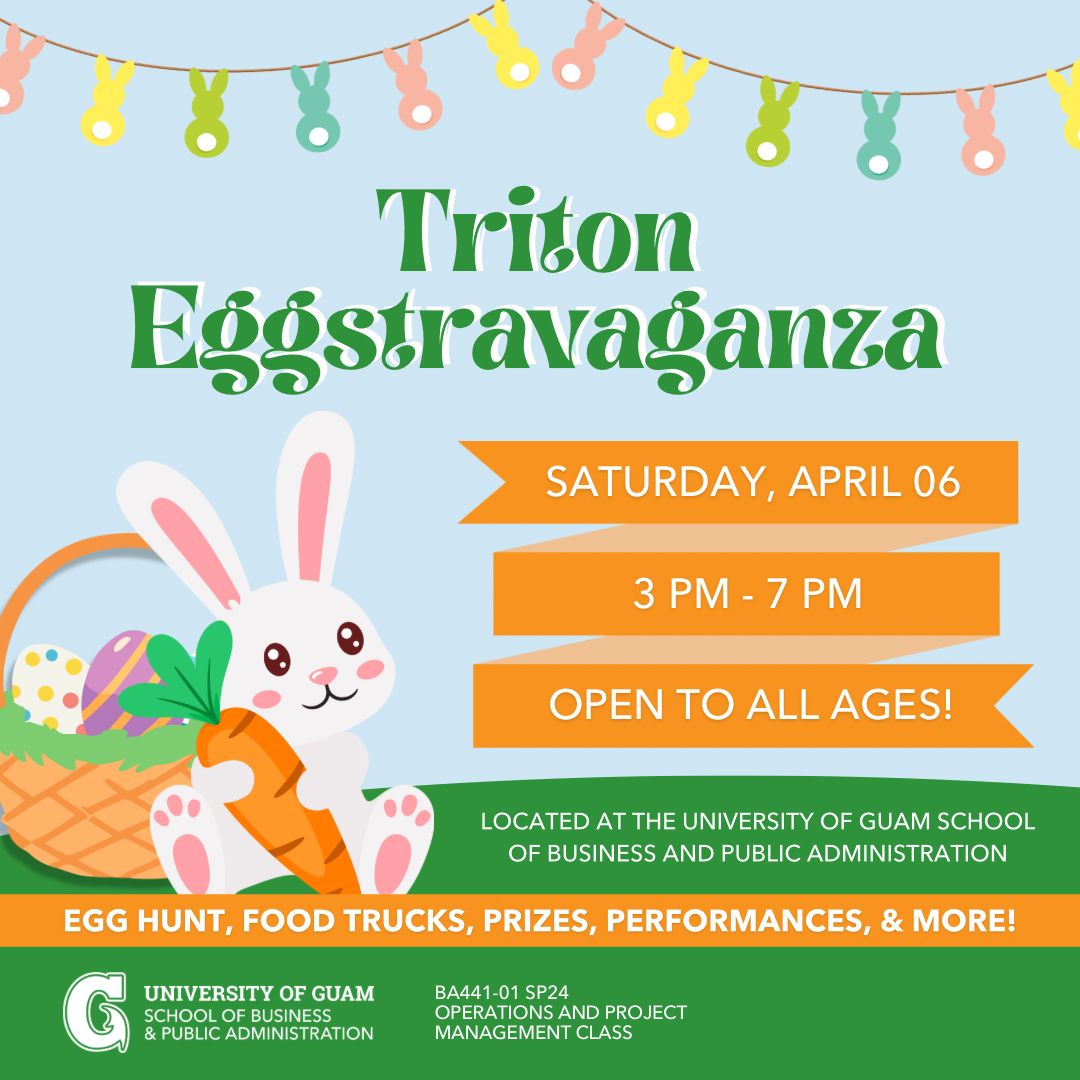 The University of Guam SBPA Operations and Project Management Class invites the community to participate in Triton Eggstravaganza! Enjoy family-friendly activities, entertainment, egg-hunts, prizes, and food vendors. For more information: bit.ly/3PKHaMX