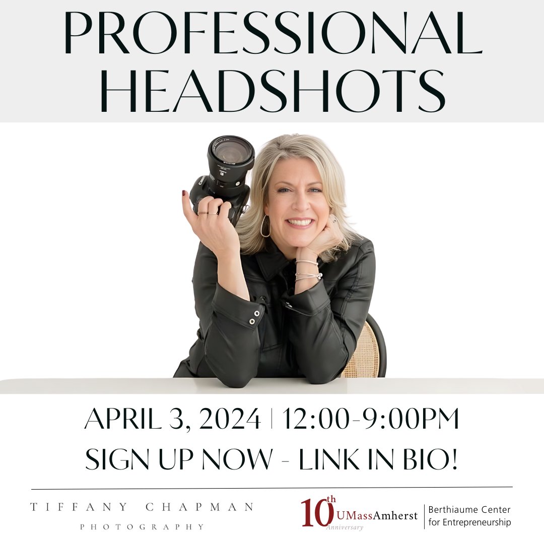 Join Tiffany Chapman and the Berthiaume Center for a game-changing opportunity: FREE professional headshots! 🌟 Elevate your professional presence, from LinkedIn to portfolios. Spaces are limited - secure yours now! 📸✨ #ElevateYourBrand #Entrepreneurship #innovation #umass