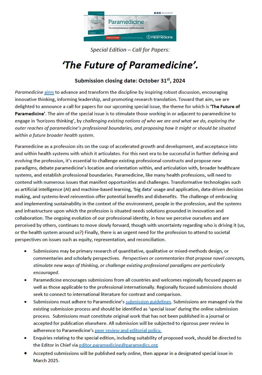 Special edition - call for papers on 'The Future of Paramedicine' in @ParamedicineJ @McNallyProject