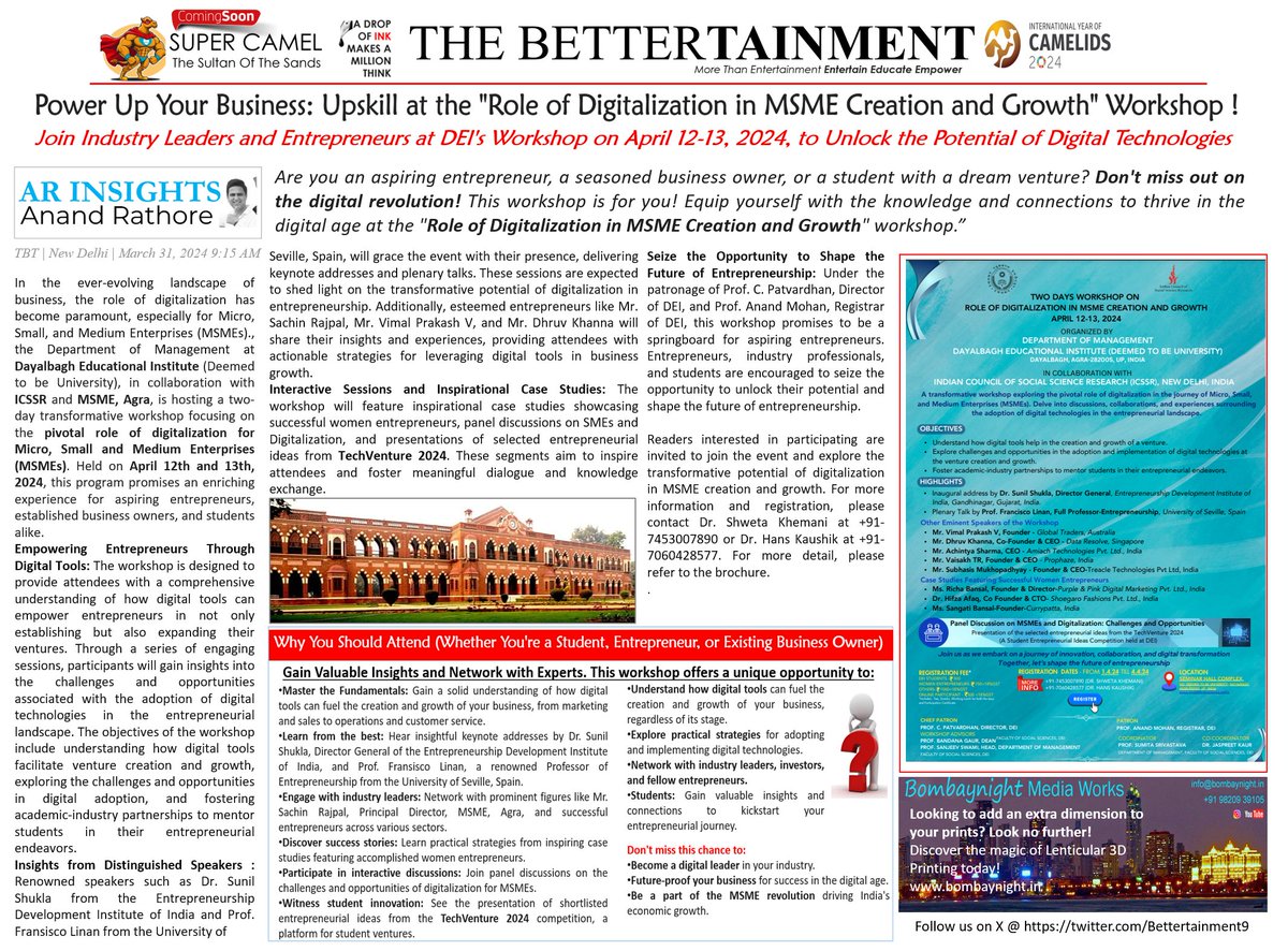 Dayalbagh Educational Institute (Deemed to be University), in collaboration with ICSSR &amp; MSME, Agra, is hosting a transformative workshop on the "Role of Digitalization in MSME Creation and Growth. #Dayalbagh