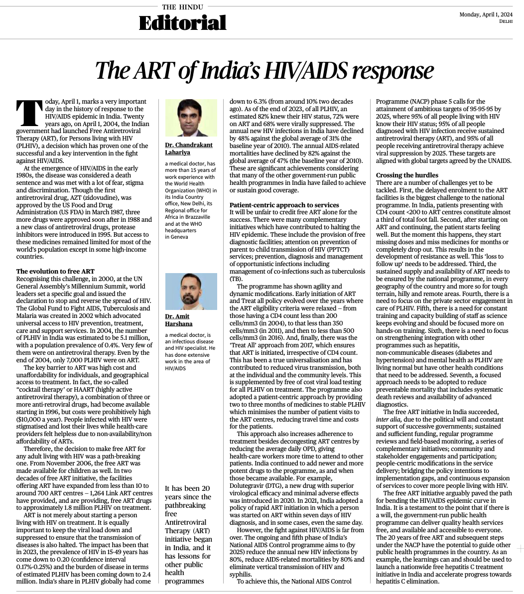 Today marks 20th anniversary of start of Free Antiretroviral Therapy #ART for #PLHIV in @India. What it means? Has it succeeded? What are the learnings for other programs? I write with colleague @Amitharshana4 for opinion page of @TheHinduComment @GlobalFund @NITIAayog