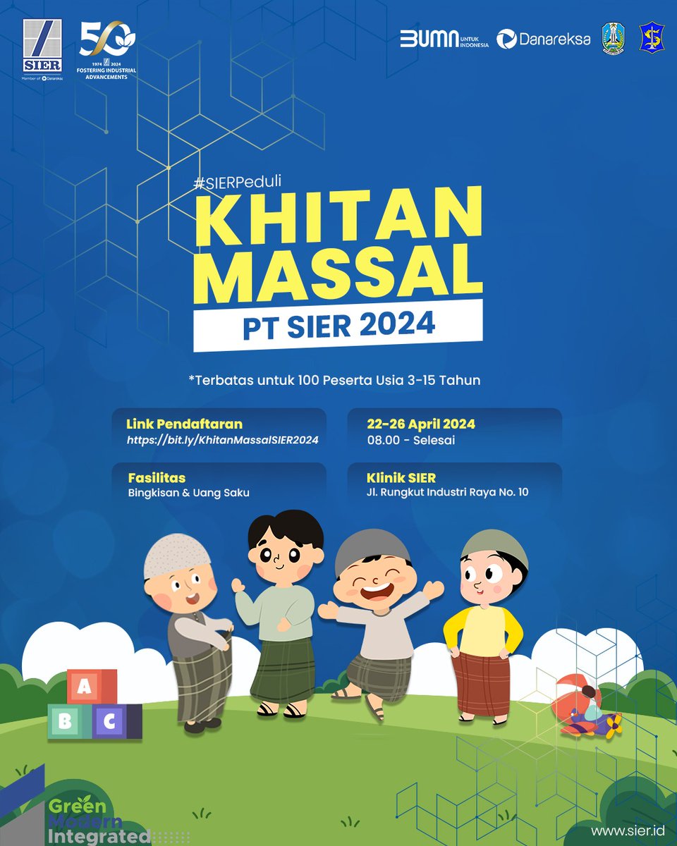 PT SIER kembali mengadakan khitan massal!

Daftar segera melalui link bit.ly/KhitanMassalSI…

Link pendaftaran akan ditutup apabila kuota telah terpenuhi.

Panitia akan mengonfirmasi kembali masing-masing peserta.

Narahubung:
Puspita: 08113535168 
Ryan: 08113318113

#SIERPeduli