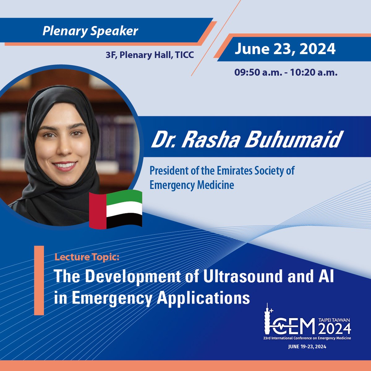 Introducing ICEM24 speaker - Dr. Rasha Buhumaid - The Development of Ultrasound and AI in Emergency Applications. Join us at this year’s ICEM in Taipei on June 19-23 Early-bird ends 19 April 2024 View Program: icem2024.com/page/Program%2… Register: bit.ly/49i5OLS