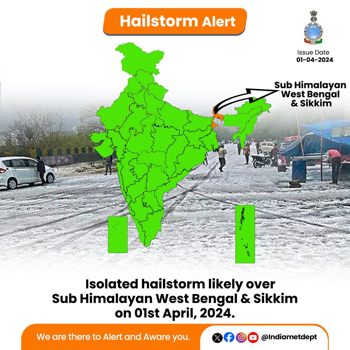 Indiametdept's tweet photo. Isolated hailstorm likely over Sub Himalayan West Bengal & Sikkim on 01st April, 2024.
#hailstormAlerts #WestBengalweather #Sikkimweather
@moesgoi
@DDNewslive
@ndmaindia
@airnewsalerts https://t.co/DwfpUH7Nw1