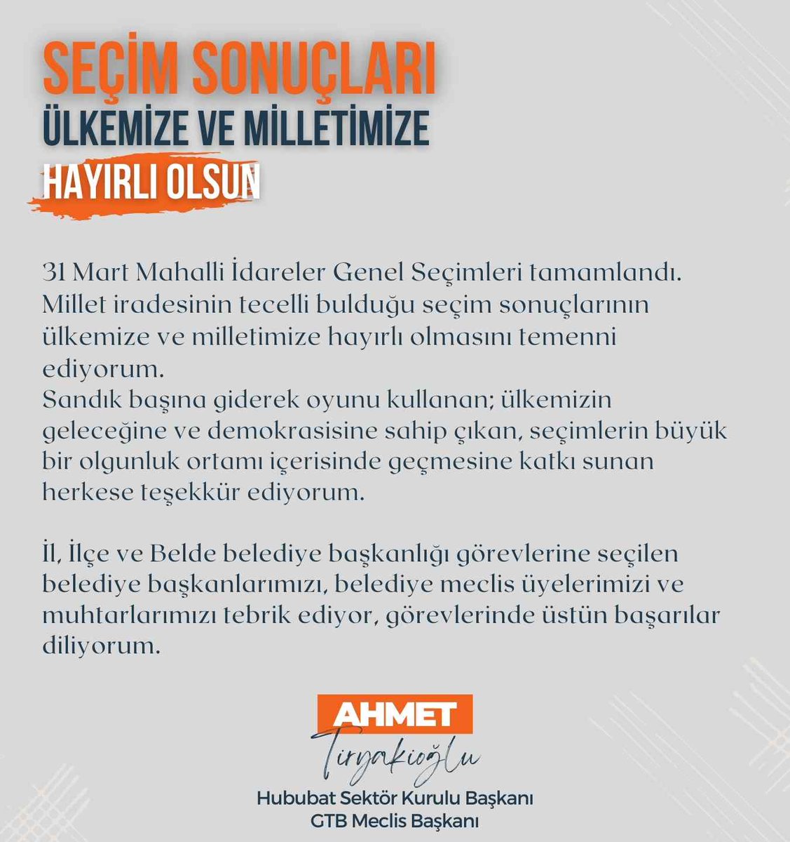 31 Mart Mahalli İdareler Genel Seçim sonuçları, ülkemize ve milletimize hayırlı olsun.