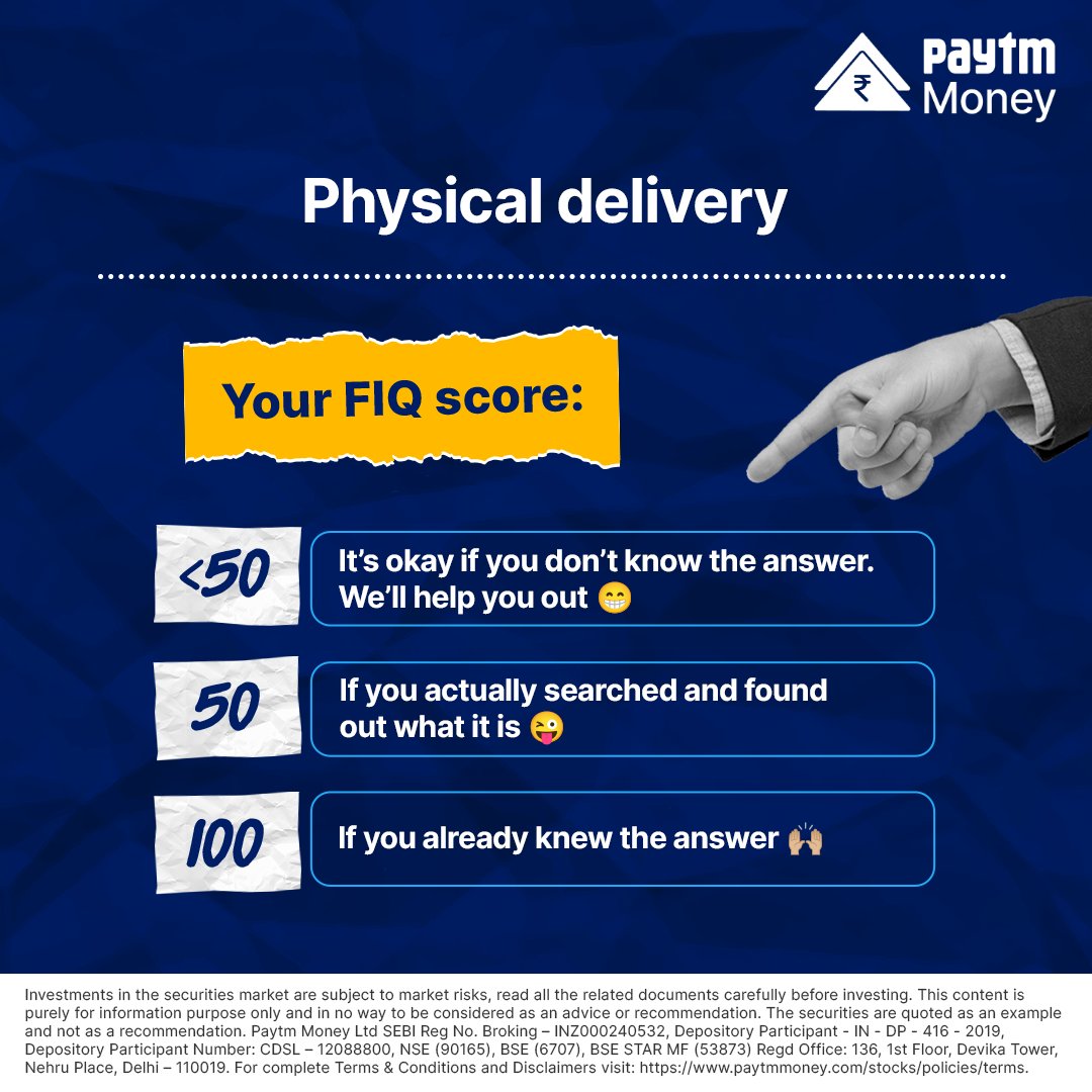 PaytmMoney's tweet photo. Here we are "delivering" another interesting tidbit about F&amp;O.

We hope you got it right this time and are steadily increasing your #FIQ score. Stay tuned to know more such financial information.

#PaytmMoney #PhysicalDelivery #OptionsTrading #FinancialIQ https://t.co/6eMGmUPaxa