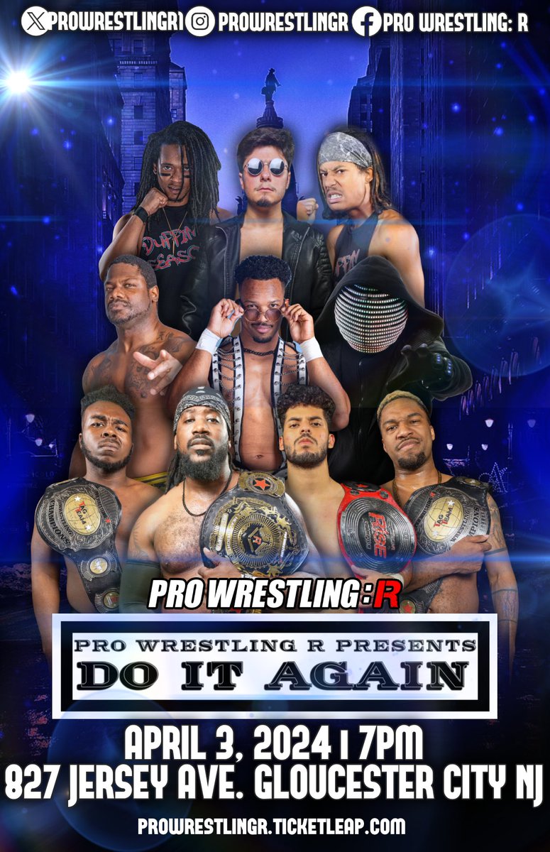 DISCOUNT EXTENDED!!! ProWrestling:R presents Do It Again Pine Grove Civic Association 827 Jersey Avenue Gloucester City, NJ Wednesday April 3, 2024 Doors open at 6:30PM 7PM Bell Time. 🎟️- prowrestlingr.ticketleap.com/doitagain/ Use code #MANIAXL at checkout #ManiaWeek