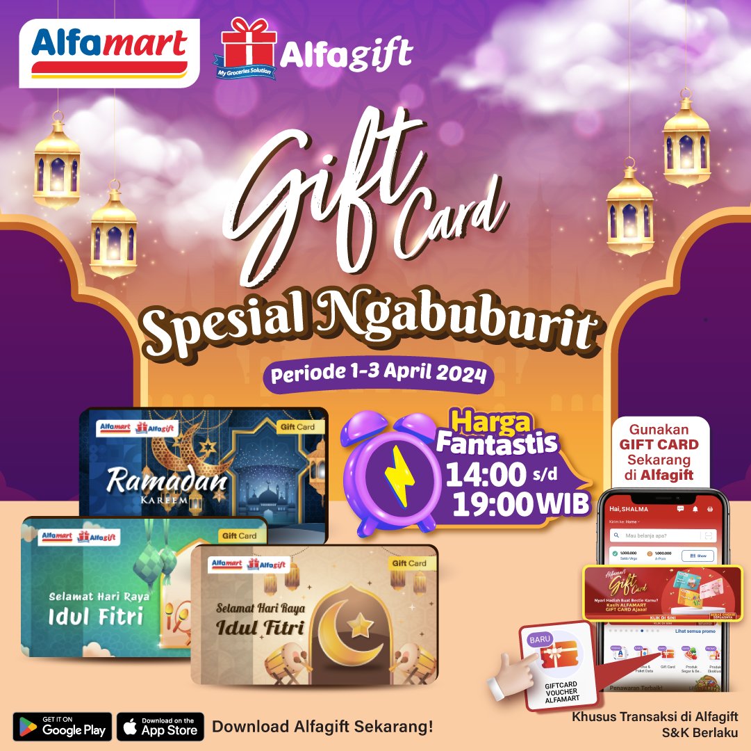 alfamart's tweet photo. ✨ Spesial Ngabuburit bareng Giftcard ✨
Ada harga fantastis untuk pembelian GiftCard di aplikasi Alfagift mulai dari 14:00 s/d 19:00 WIB, cocok banget untuk dibagikan untuk THR orang tersayang
Gunakan GiftCard sekarang di Alfagift
#Giftcard #Alfamart #Alfagift #VoucherAlfamart https://t.co/jJPA61FCrW