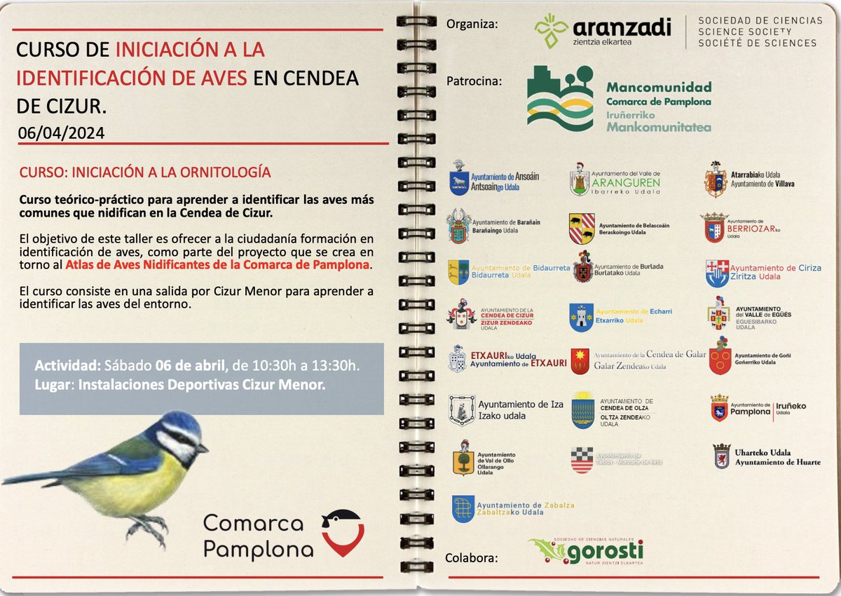 🐦🦜CURSO INICIACIÓN A LA IDENTIFICACIÓN DE AVES EN LA CENDEA DE CIZUR

El próximo sábado 6 de abril a las 10:30 tendrá lugar el primer curso del proyecto de formación a la ciudadanía para la elaboración de un atlas de aves nidificantes de la Cuenca de Pamplona.