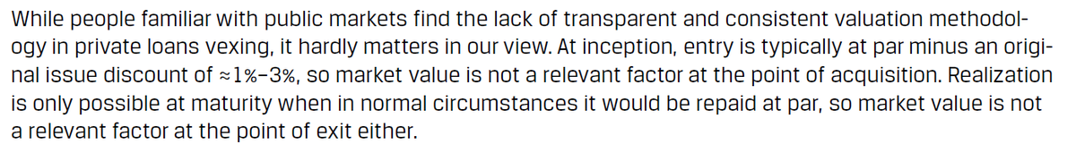 #privatemarkets "At inception, entry is typically at par minus an original issue discount of ≈1%–3%, so market value is not a relevant factor at the point of acquisition." 

MARKET VALUE IS NOT A RELEVANT FACTOR AT THE POINT OF ACQUISITION?