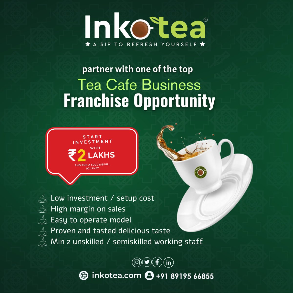 Partner with one of the top Tea Cafe Business Franchise Opportunities and start your investment journey with just 2 lakhs.
Why choose Inkotea?
• Low investment
• High margins on sales
• Easy-to-operate model
#Inkotea  #BusinessFranchise  #franchisebusiness  #teafranchise