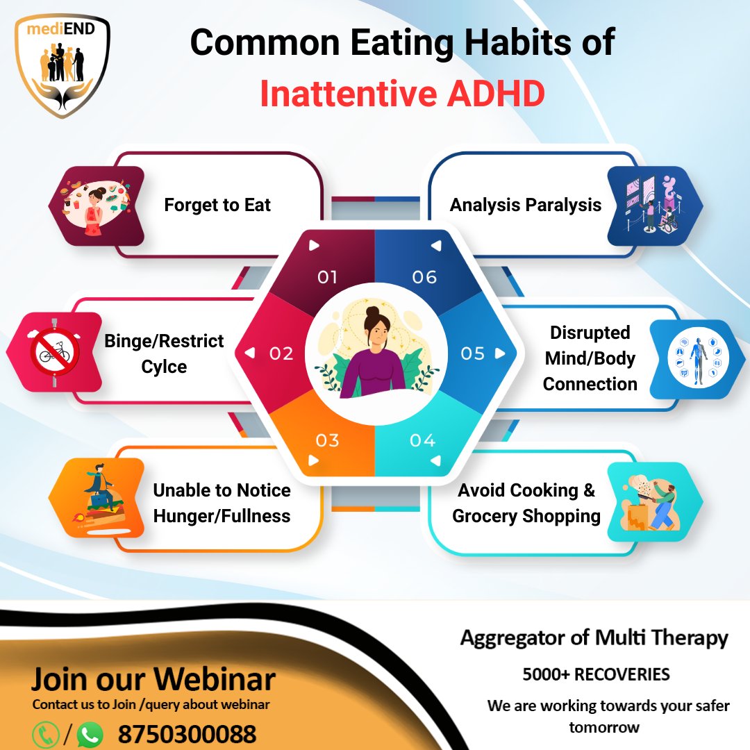 medi_end_'s tweet photo. Common Eating Habits of Inattentive ADHD. Register now at https://t.co/VWXdwtNHkV or contact us at 8750300088 for details.
.
.
.
.
#Health #Register #autismdisorder #speechrelated #forgettoeat #analysisparalysis #bingecylce #bodyconnection #fullness #avoidcooking #commoneating https://t.co/pan5F5jtnH