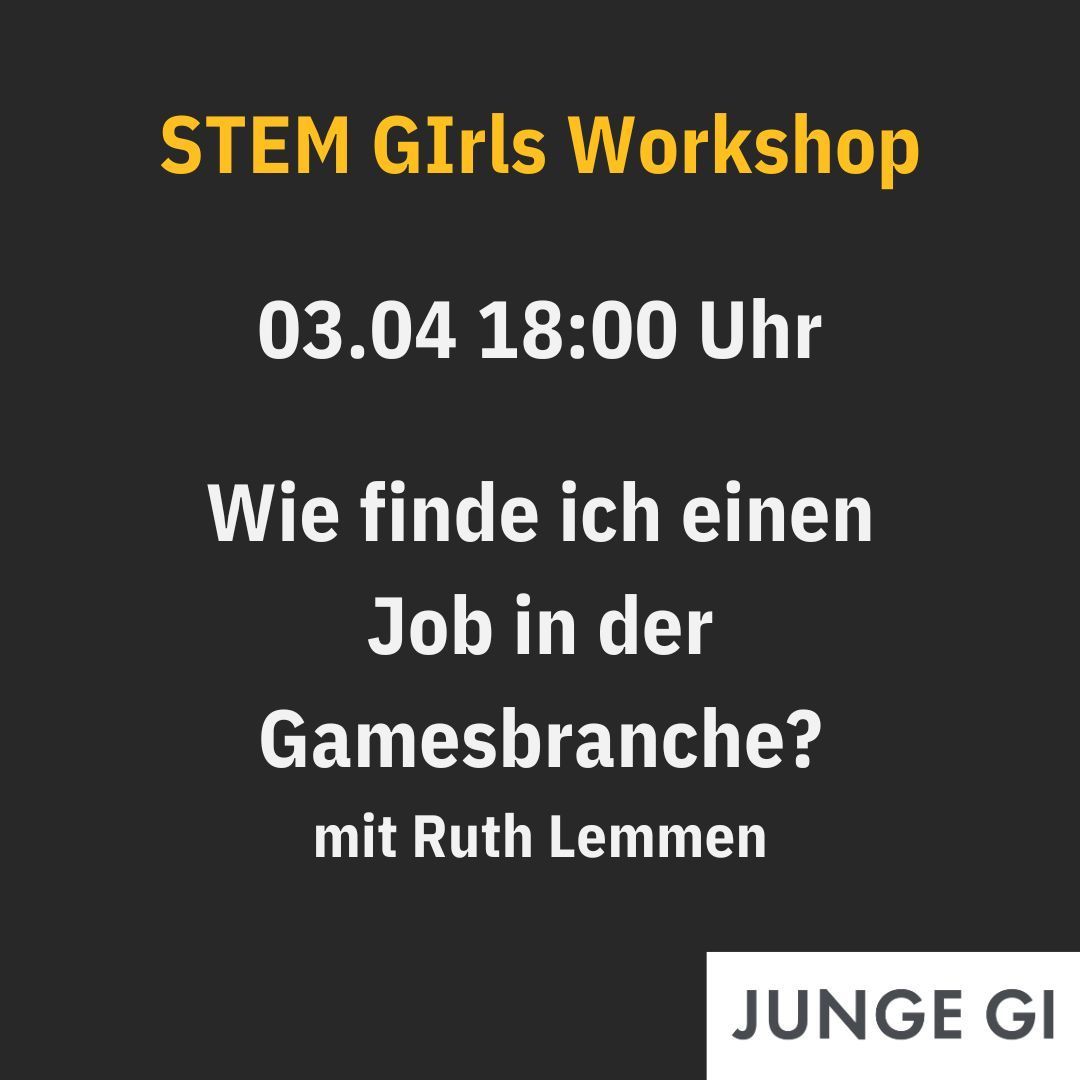 Der zweite STEM GIrls Workshop steht an - Einstieg in die Gamesbranche  🚀
Am 03.04. ab 18:00 Uhr gibt Ruth Lemmen  Einblicke in die verschiedenen Berufsbilder innerhalb der Gamesbranche. Es sind noch 10 Plätze frei: buff.ly/43IYeZM

#WirsindInformatik #JGI #JungeGI