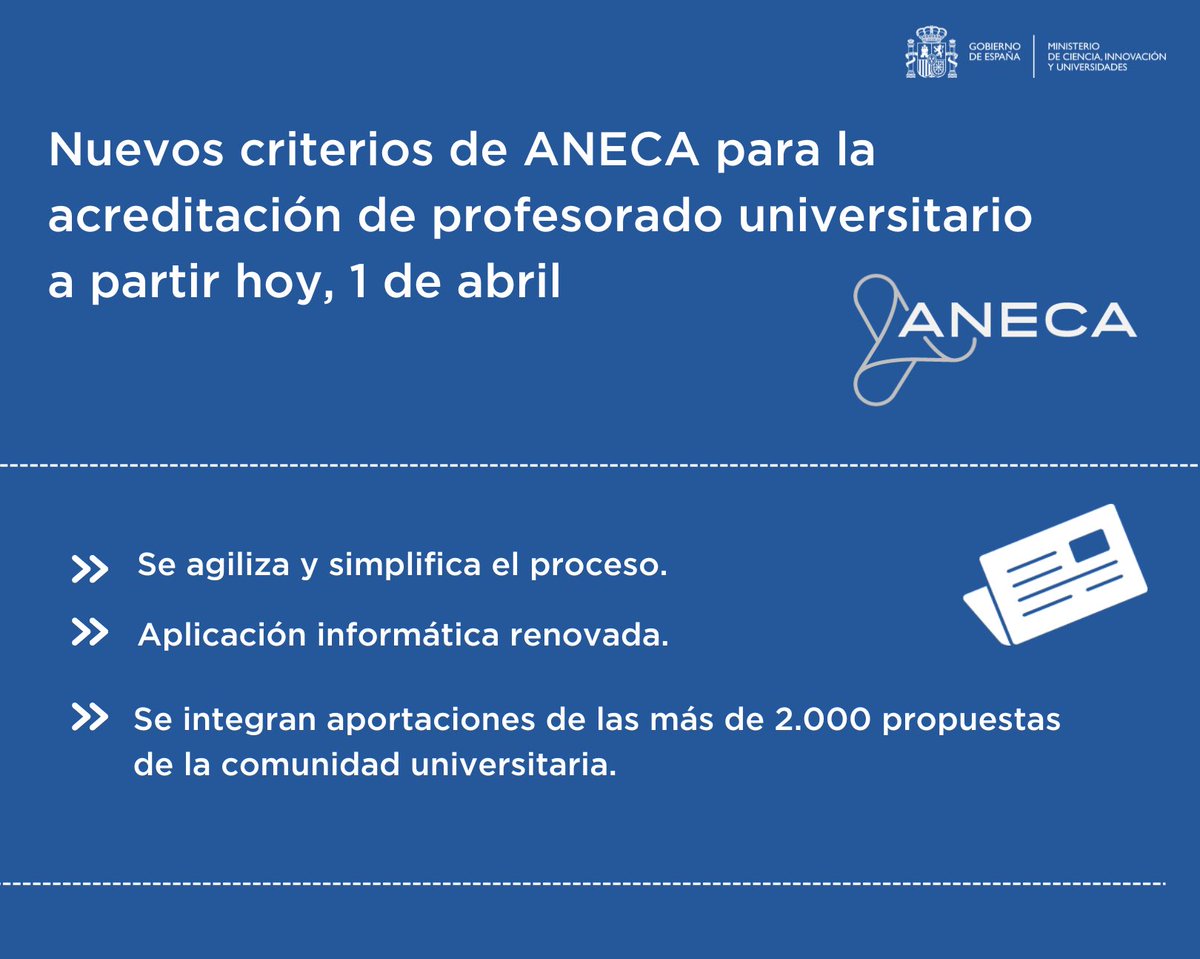 ✅ Hoy, 1 de abril, entran en vigor los nuevos criterios de @ANECAinfo para agilizar la acreditación de profesorado universitario funcionario. 📲 Tienes más info en nuestra web: ciencia.gob.es/Destacados/Cri…