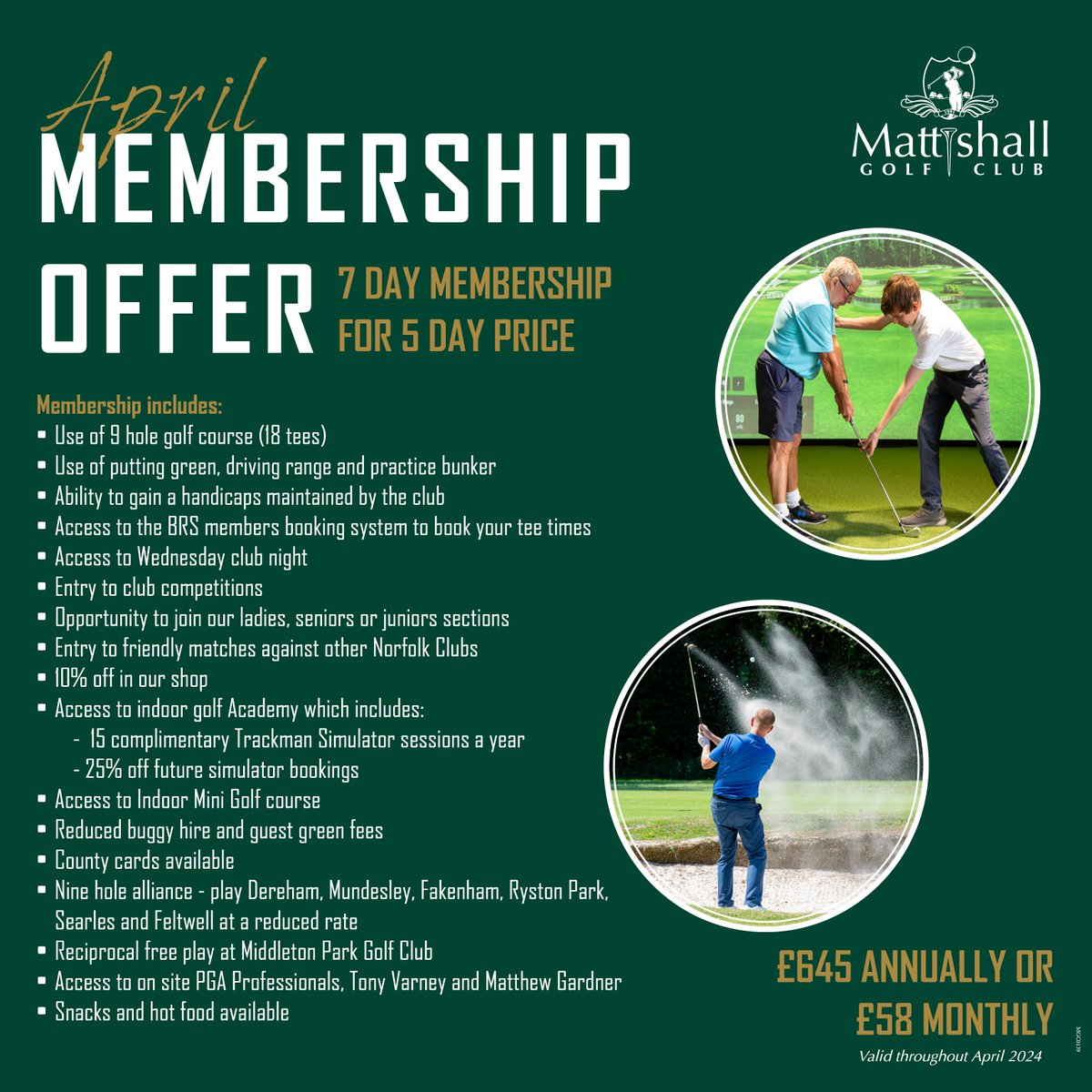 7 DAYS MEMBERSHIP FOR 5 DAY PRICE ⛳
️
We’ve extended the membership offer, it’s now available throughout April too!

Become a member today 01362 850111