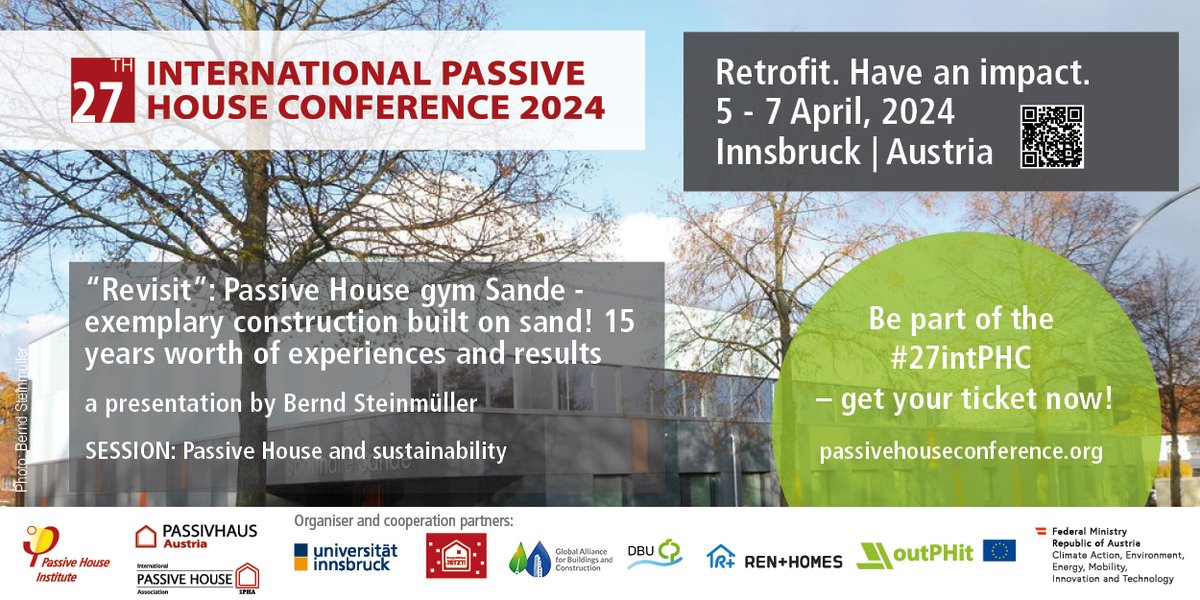 The 'Passive House and Sustainability' conference session includes a presentation about the #PassiveHouse Sports Hall in Sande, East Westphalia, showcasing it as an exemplary project constructed on sand. See you at the #27intPHC! passivhaustagung.de/en/programme