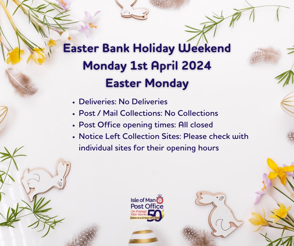 Please note that there will be no deliveries or collections today and all Post Offices will be closed today. All bank holiday information is available on our website at iompost.com/bankholiday Have a wonderful Easter Monday bank holiday! 🐣🐰🌷