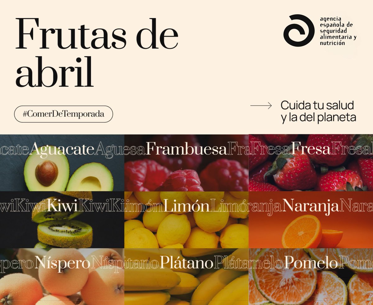 🍓🍊 ¿Quieres consumir fruta en su punto óptimo de maduración? 
En abril hay una gran variedad de frutas para #ComerDeTemporada.
Así cuidamos nuestra salud y la del planeta.
<a href="/MSocialGob/">Ministerio de Derechos Sociales, Consumo y A2030</a>