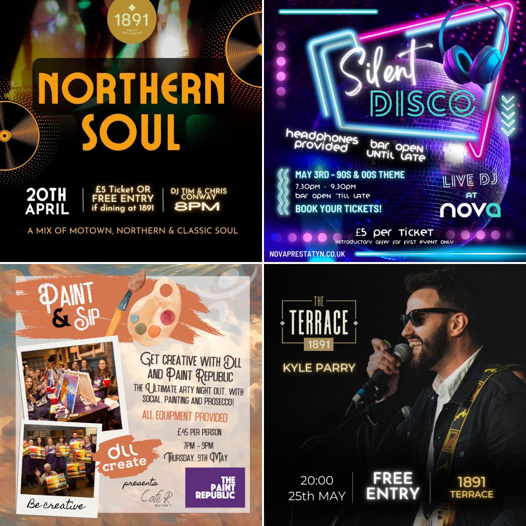 😁 Spring is officially here, and we’ve got some events for you to put in your diaries! Who’s joining us?! 🕺 Northern Soul at 1891 Rhyl, 20.04 🎧 90s & 00s Silent Disco at Nova, 03.05 ❌LIMITED TICKETS 🎨 Paint & Sip at Café R, 09.05 🎤 Acoustic Kyle Parry at 1891 Rhyl, 25.05