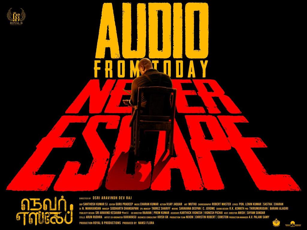 Tamil New horror #NEVERESCAPE Audio from Today !! #Neverescape releasing soon in cinemas Directed by @dsri_dev_raj #RobertMaster @RoyalBfilms @santhosh_sj_ @pradeeplukk @prithivirajb11 @Im_Kavi @actorpraneshvar @Charank1997 @sak_studio @murukku_meesaya @pro_barani @pro_thiru